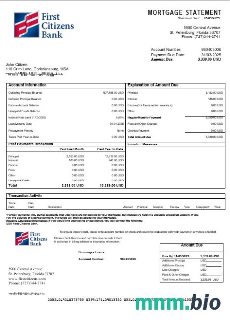 USA First Citizens Bank wyciąg z kredytu hipotecznego w formatach Word i PDF